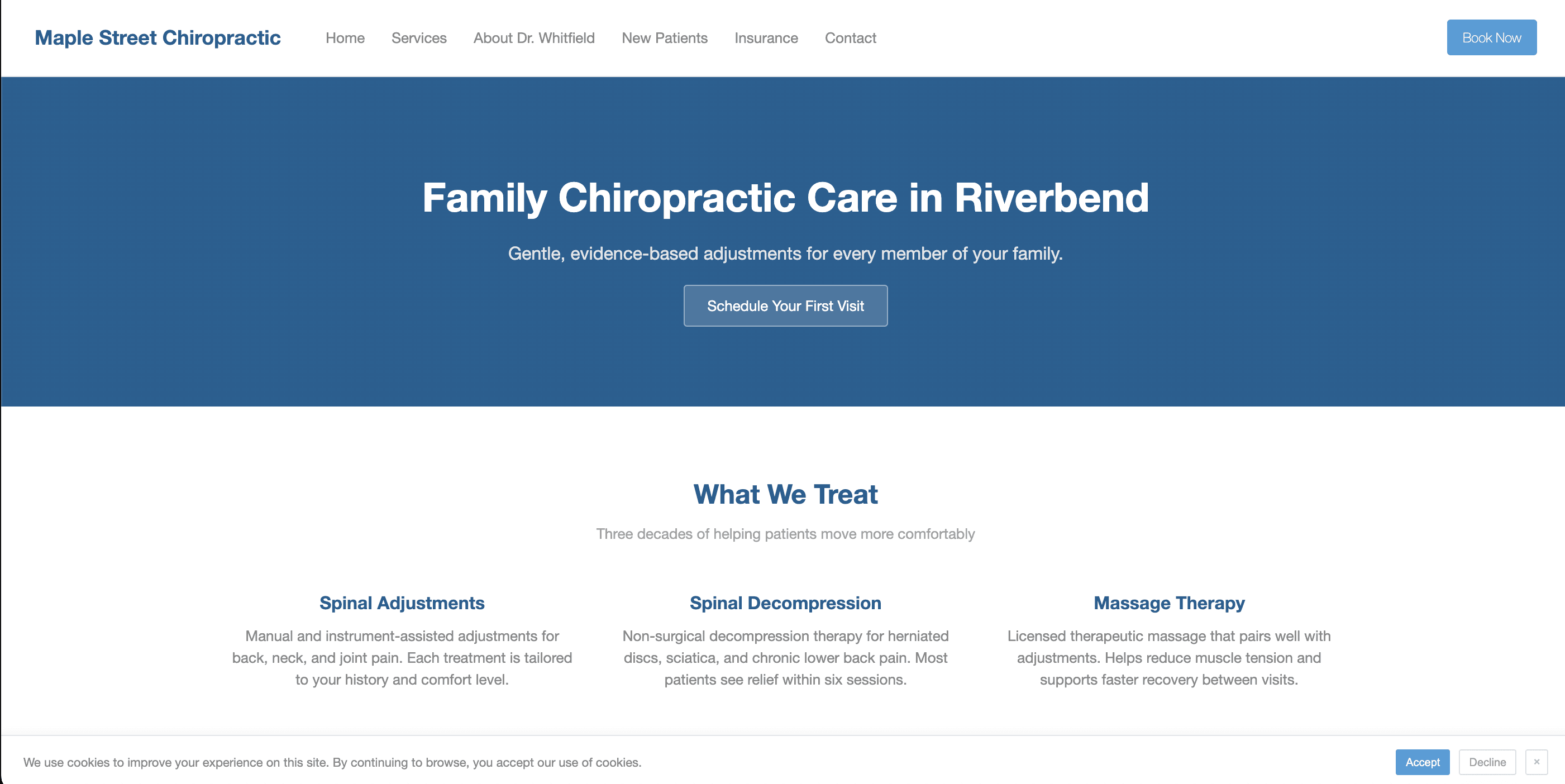 Demo chiropractor website homepage in normal view, showing hero, services grid, and cookie banner.