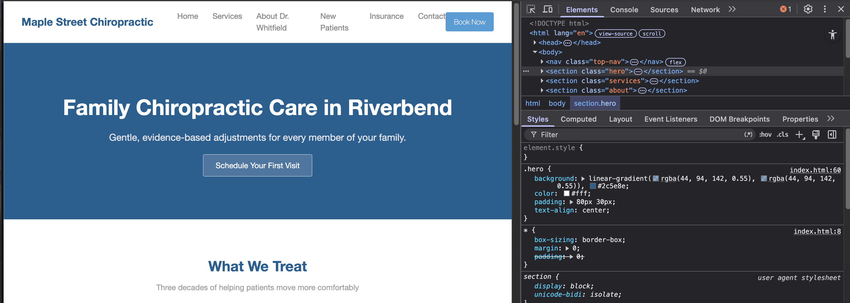 Chrome DevTools Inspect panel open alongside the demo website.