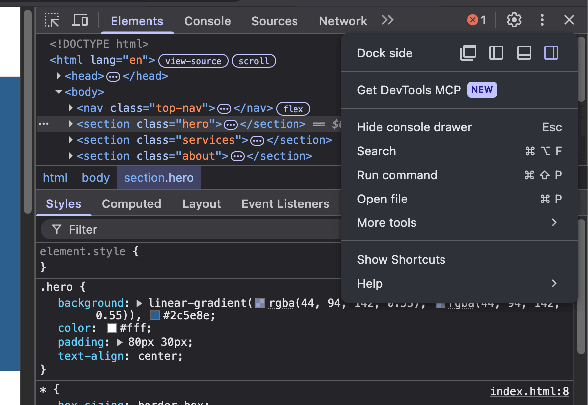 Chrome DevTools menu showing the path: three-dot icon, More tools, Rendering.