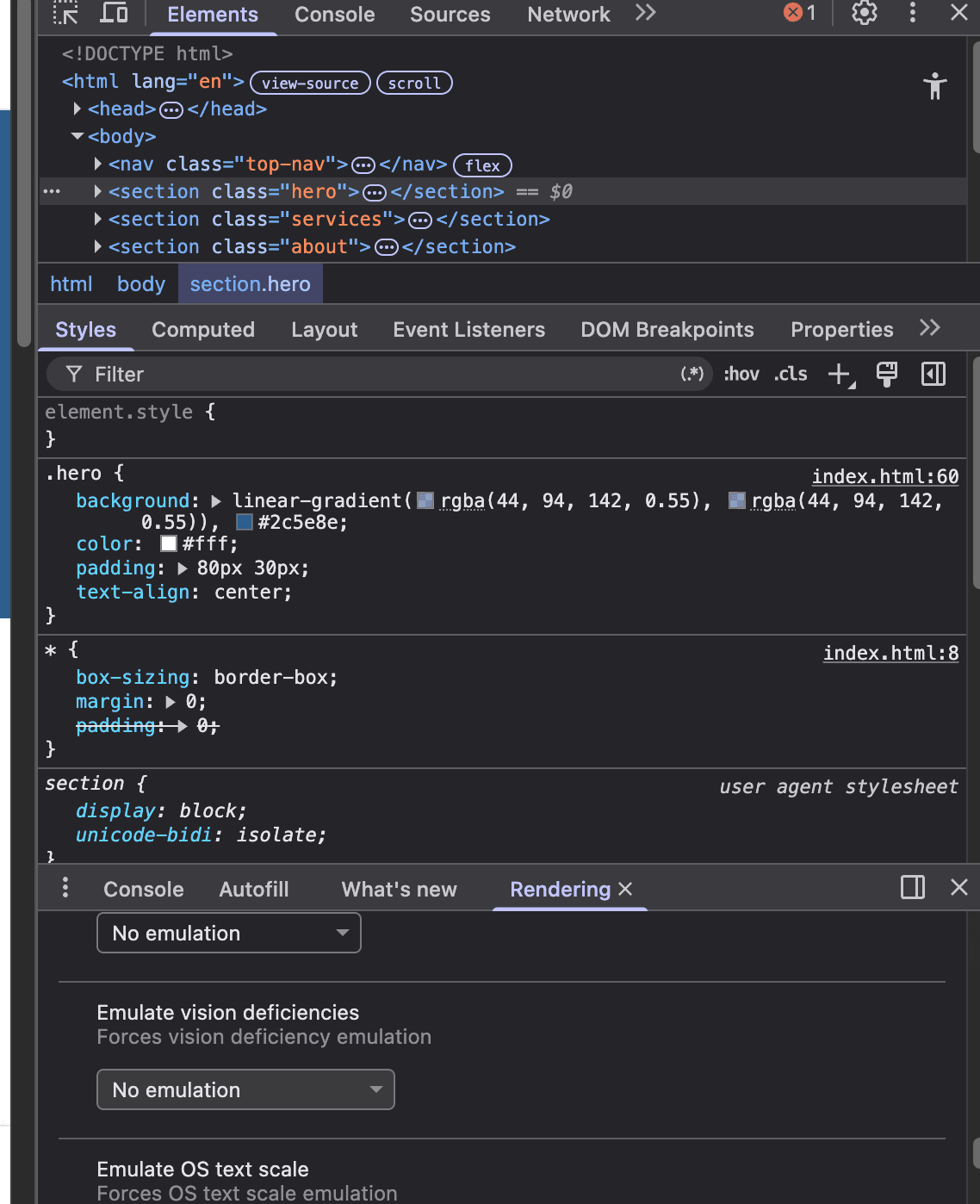 Chrome DevTools Rendering tab showing the Emulate vision deficiencies dropdown.