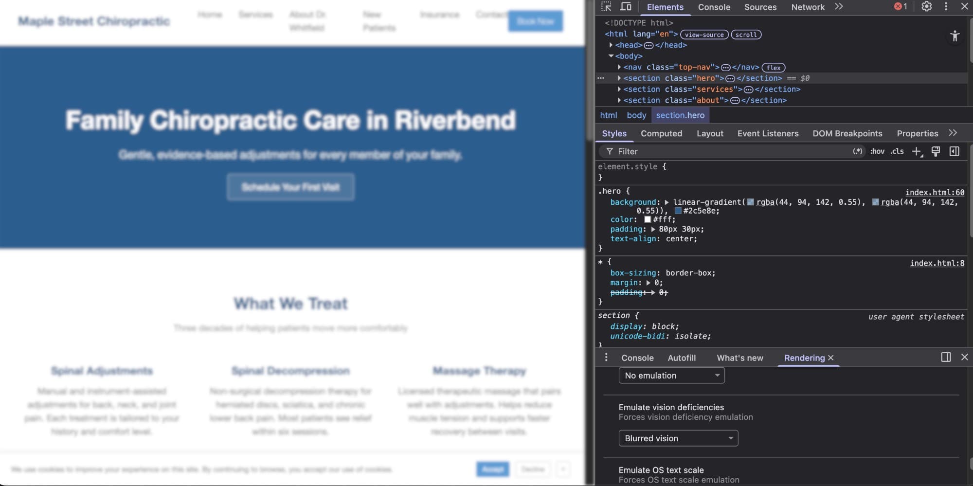 Demo website under Blurred vision emulation. Light gray subheading and cookie banner text are difficult to read.