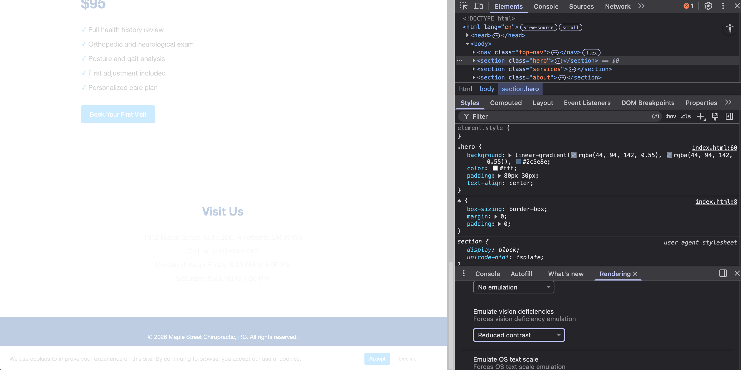 Contact section of demo website under Reduced contrast emulation. Phone number, address, and hours are nearly invisible.