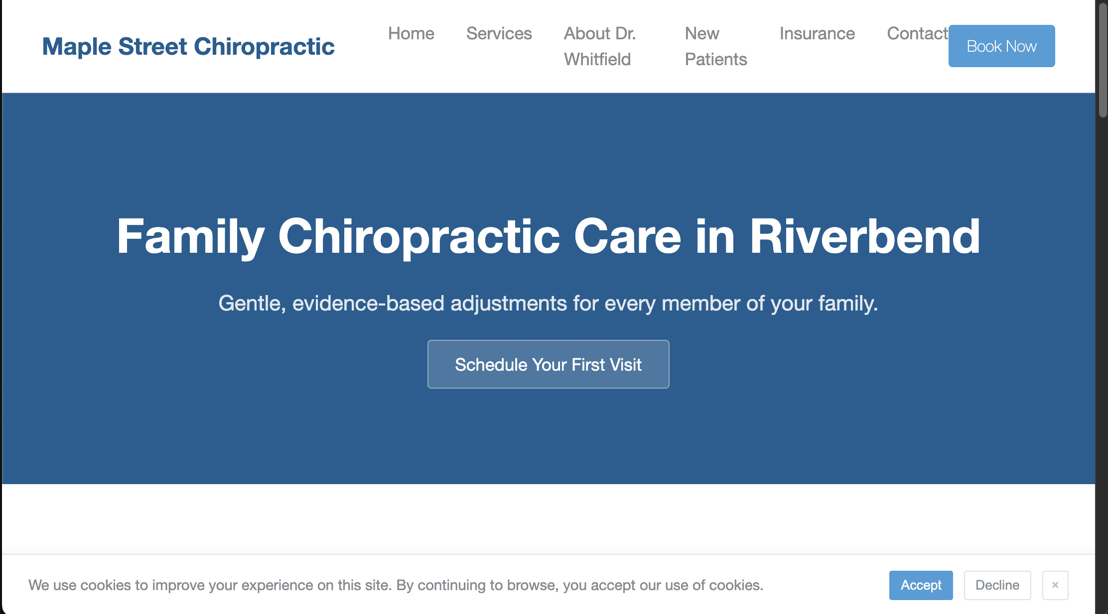Demo website navigation at 150 percent zoom. Menu items wrap onto two lines and the Book Now button overlaps the Contact link.